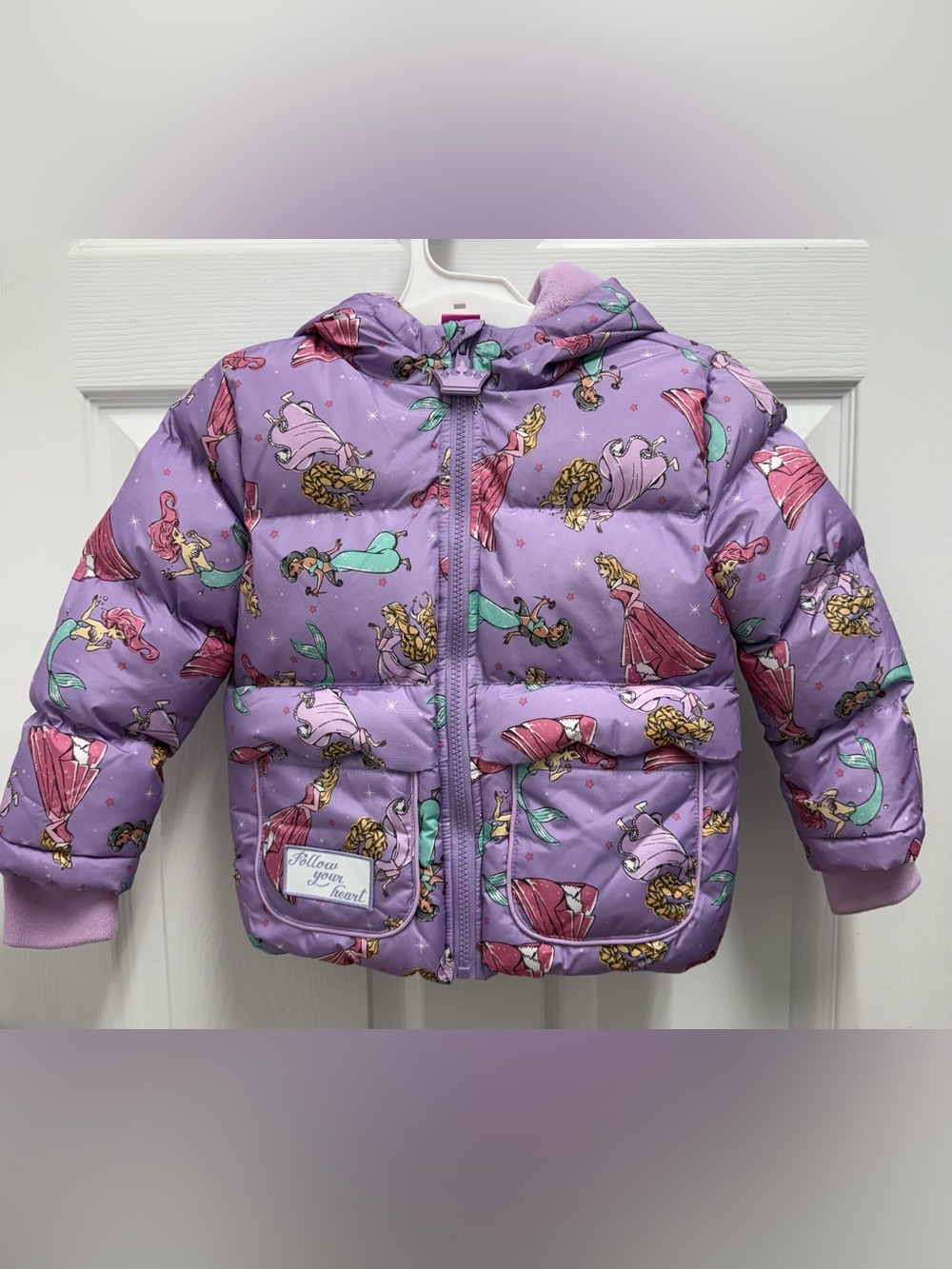 Disney Princess Girls 5T Purple Puffer Jacket Hooded Follow Your Heart